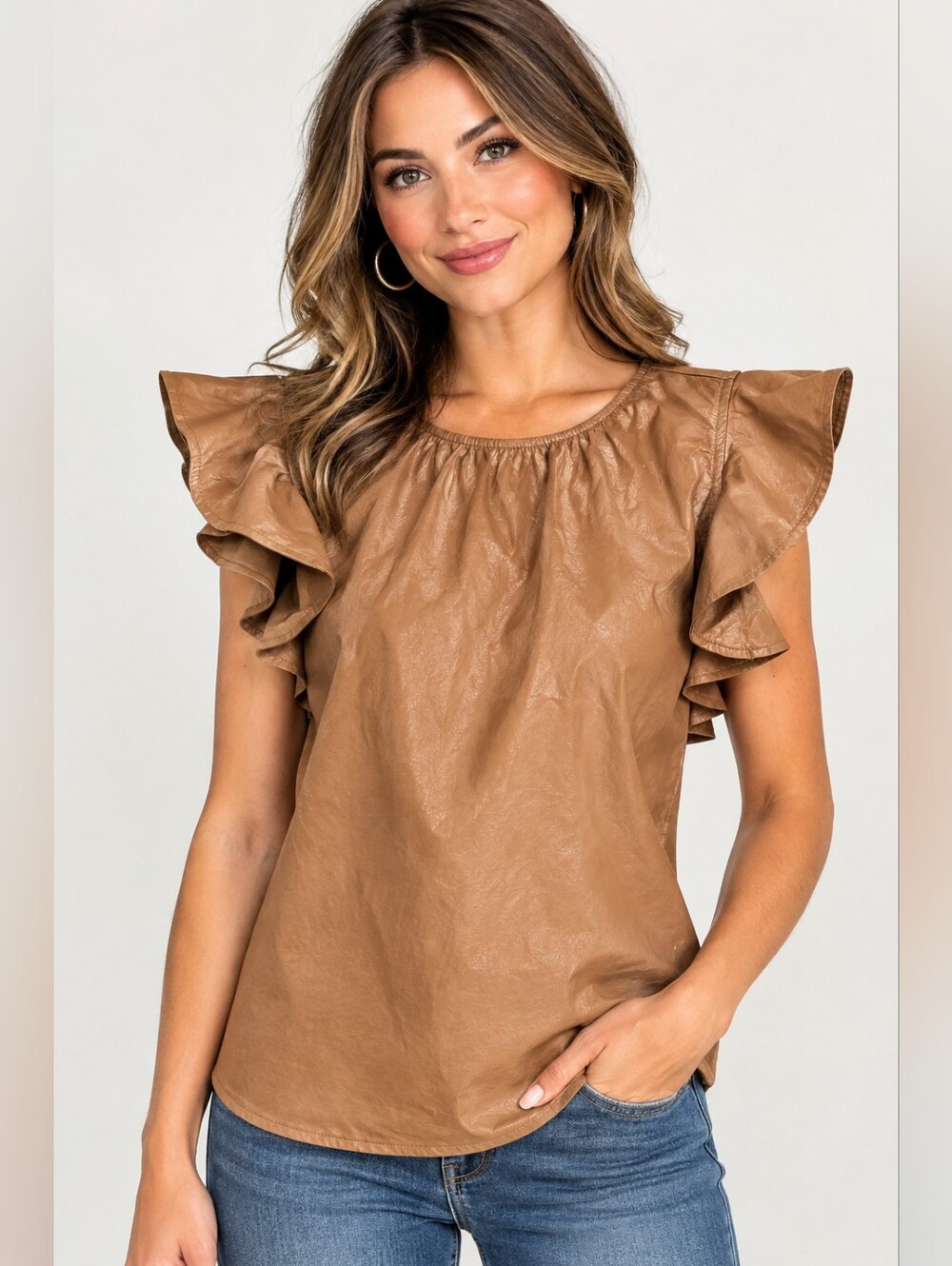 fab'rik Faux Leather Flutter Sleeve Top Camel Size M Keyhole Round Neck NWT